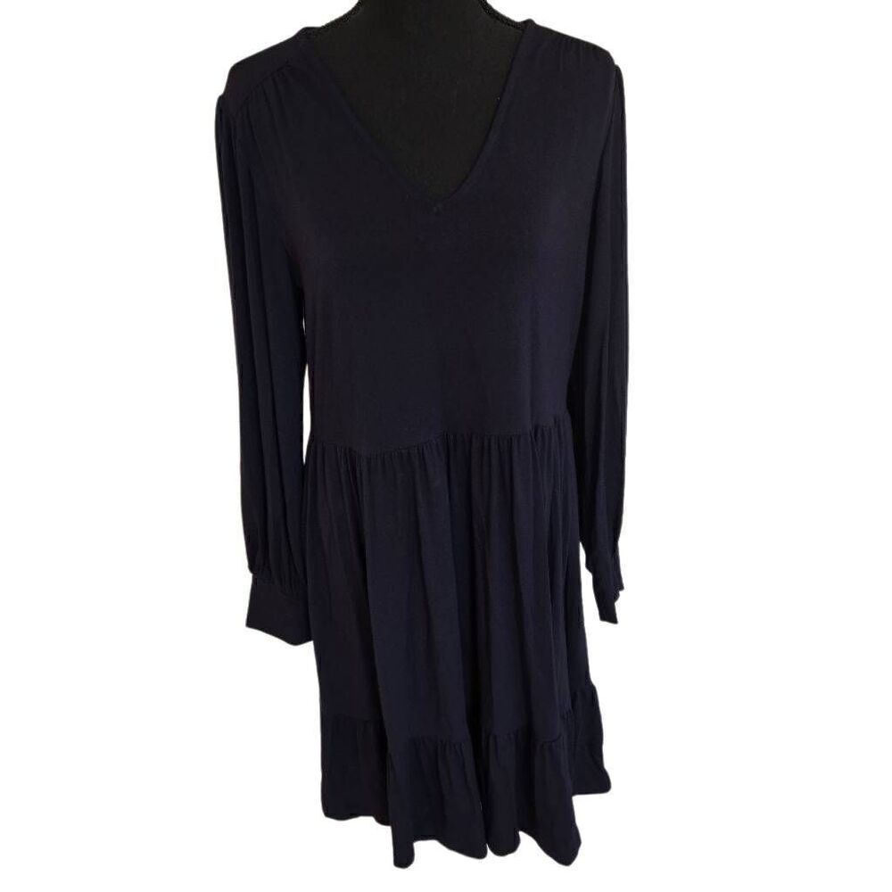 Karen Kane Womens Navy Blue Blouson Sleeve Ruffle Border Dress Large